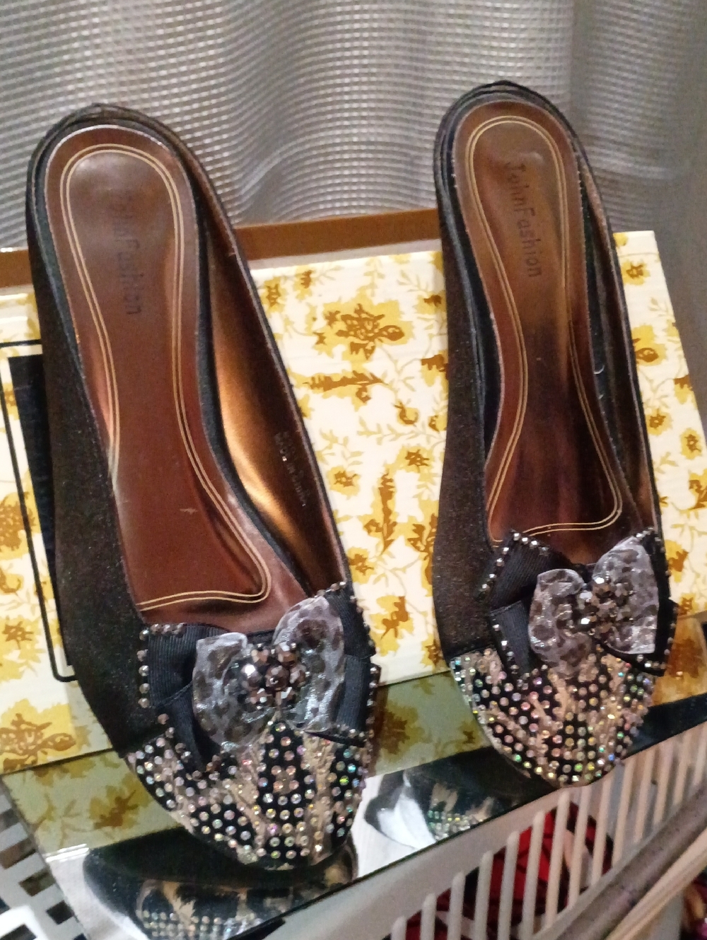 Women’s Black Embellished Slip-On Flats with Bow